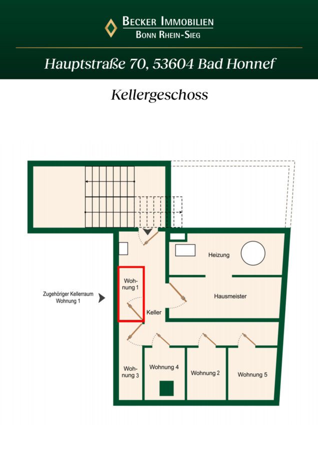 Neuwertige und schick möblierte 2-Zimmer-Wohnung in der Fußgängerzone von Bad Honnef mit Stellplatz - Grundriss Kellergeschoss