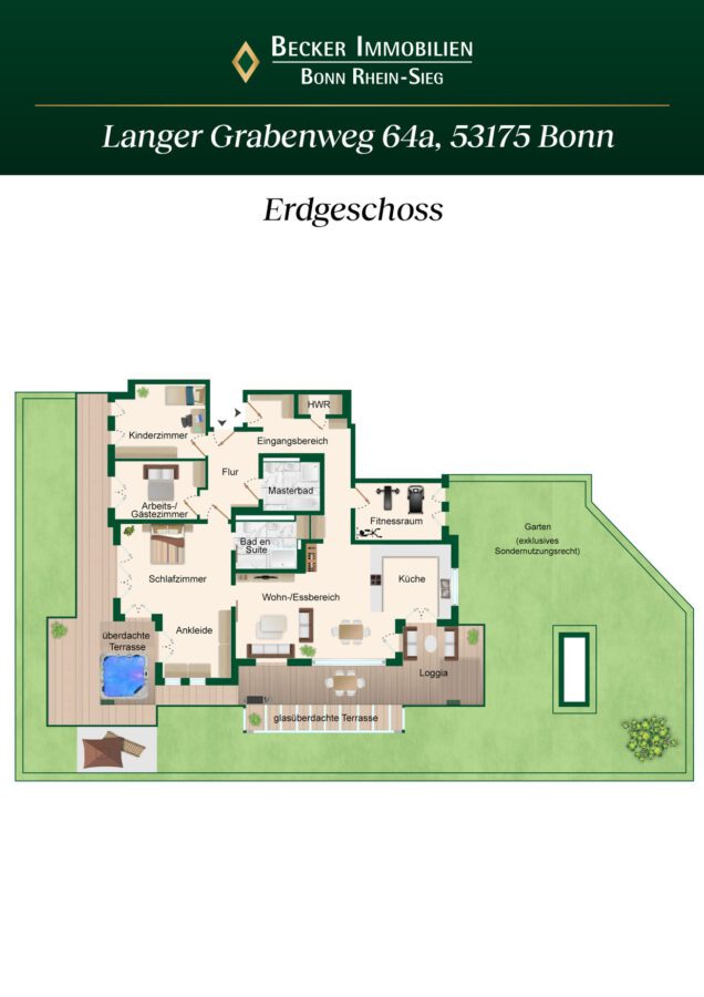 Hochwertige EG-Wohnung mit 2 Terrassen, Garten & Einbauküche in bevorzugter Lage von Bonn-Hochkreuz - Grundriss Erdgeschoss