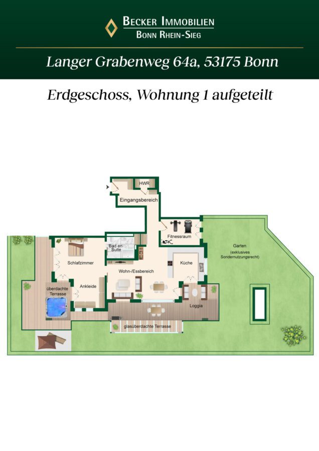 Hochwertige EG-Wohnung mit 2 Terrassen, Garten & Einbauküche in bevorzugter Lage von Bonn-Hochkreuz - Grundriss Wohnung Nr. 1 aufgeteilt