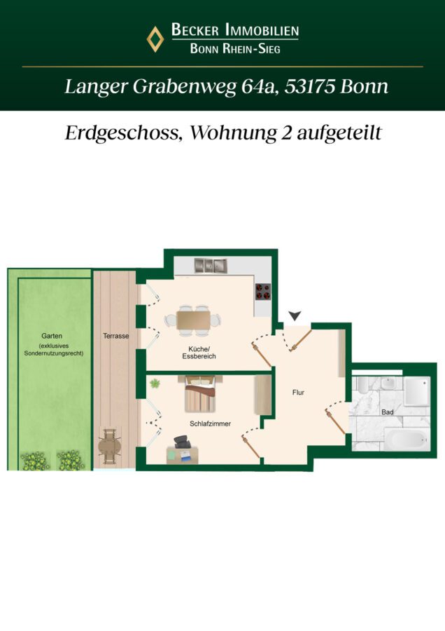 Hochwertige EG-Wohnung mit 2 Terrassen, Garten & Einbauküche in bevorzugter Lage von Bonn-Hochkreuz - Grundriss Wohnung Nr. 2 aufgeteilt
